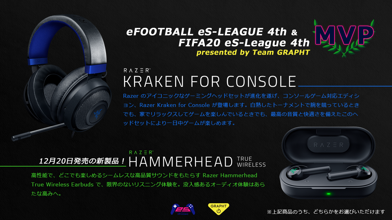 【緊急速報!!】presented by Team GRAPHT<br />
eFOOTBALL eS-LEAGUE 4th＆FIFA20 eS-League 4thのMVP受賞者それぞれ1名に豪華賞品が贈呈されることが決定いたしました!!